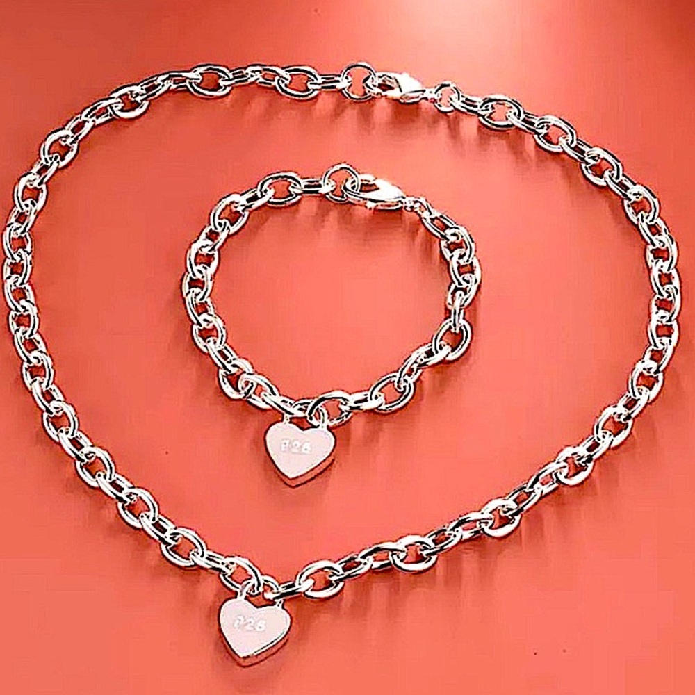 Sterling Silver Heart Lock Necklace Bracelet Chain Link Matching Set